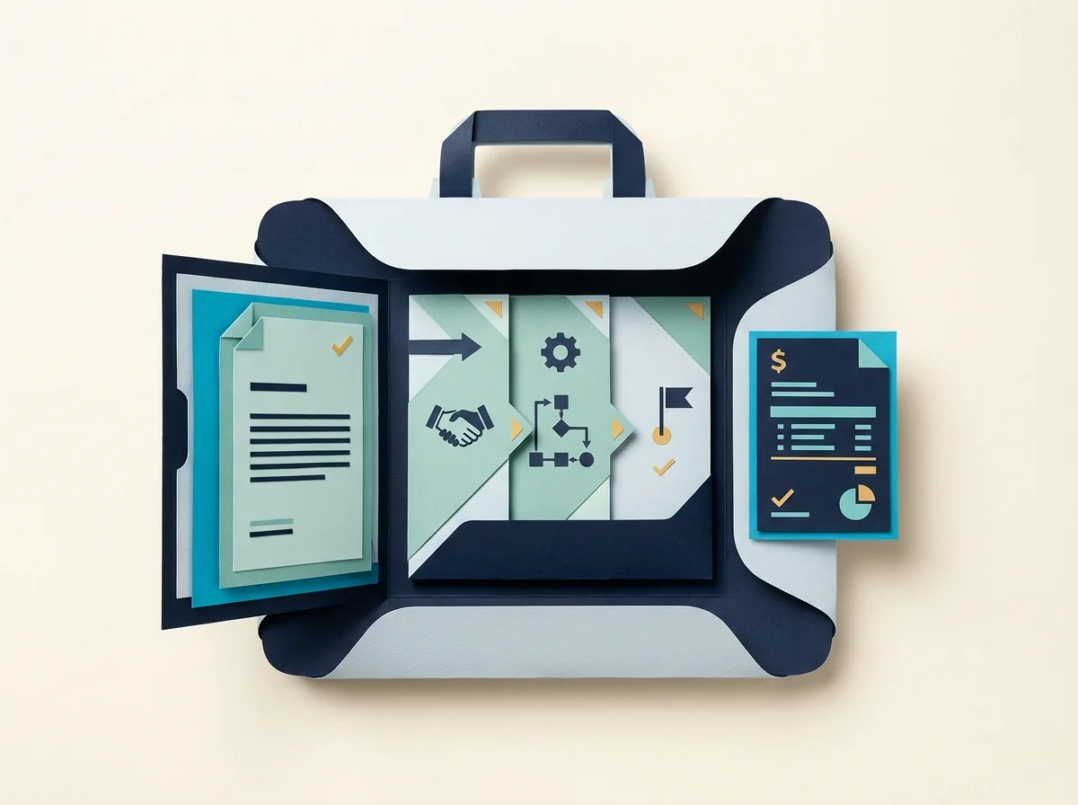 An open consultant briefcase organizes a proposal folio, engagement steps, and billing card.
