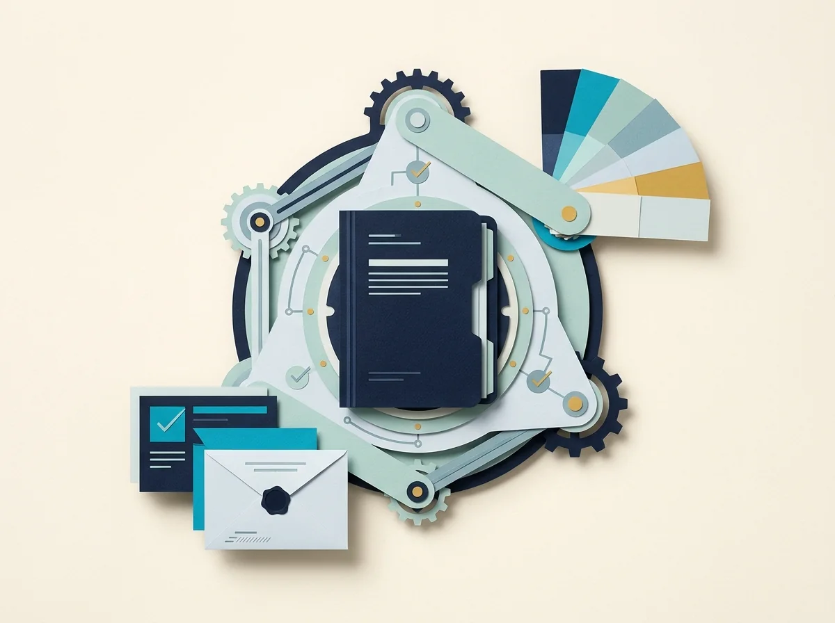 Un flux de travail CRM d'agence illustré par un dossier client connectant un éventail d'échantillons de couleurs, une carte de tâche et une enveloppe.
