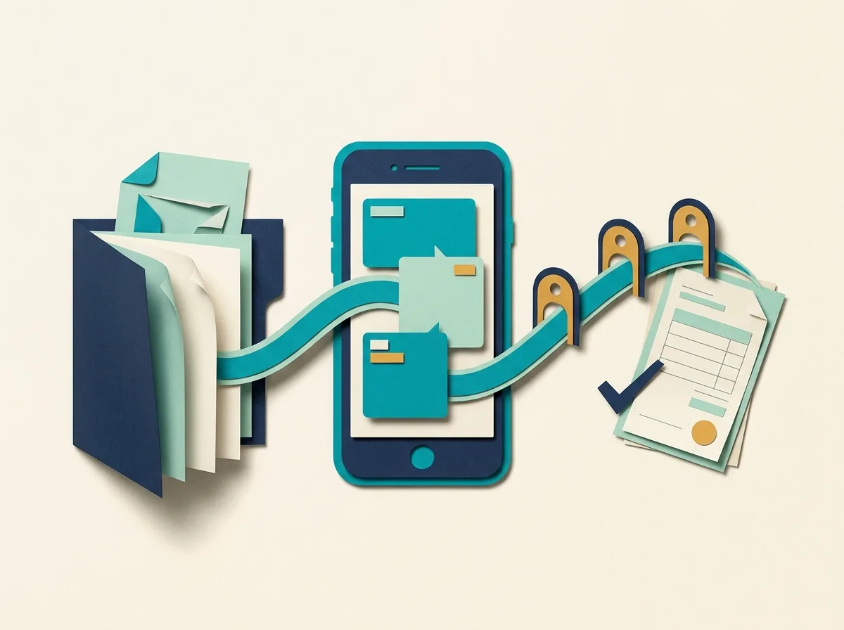 A paper smartphone, client folder and invoice are joined by a teal ribbon passing through three milestone gates.