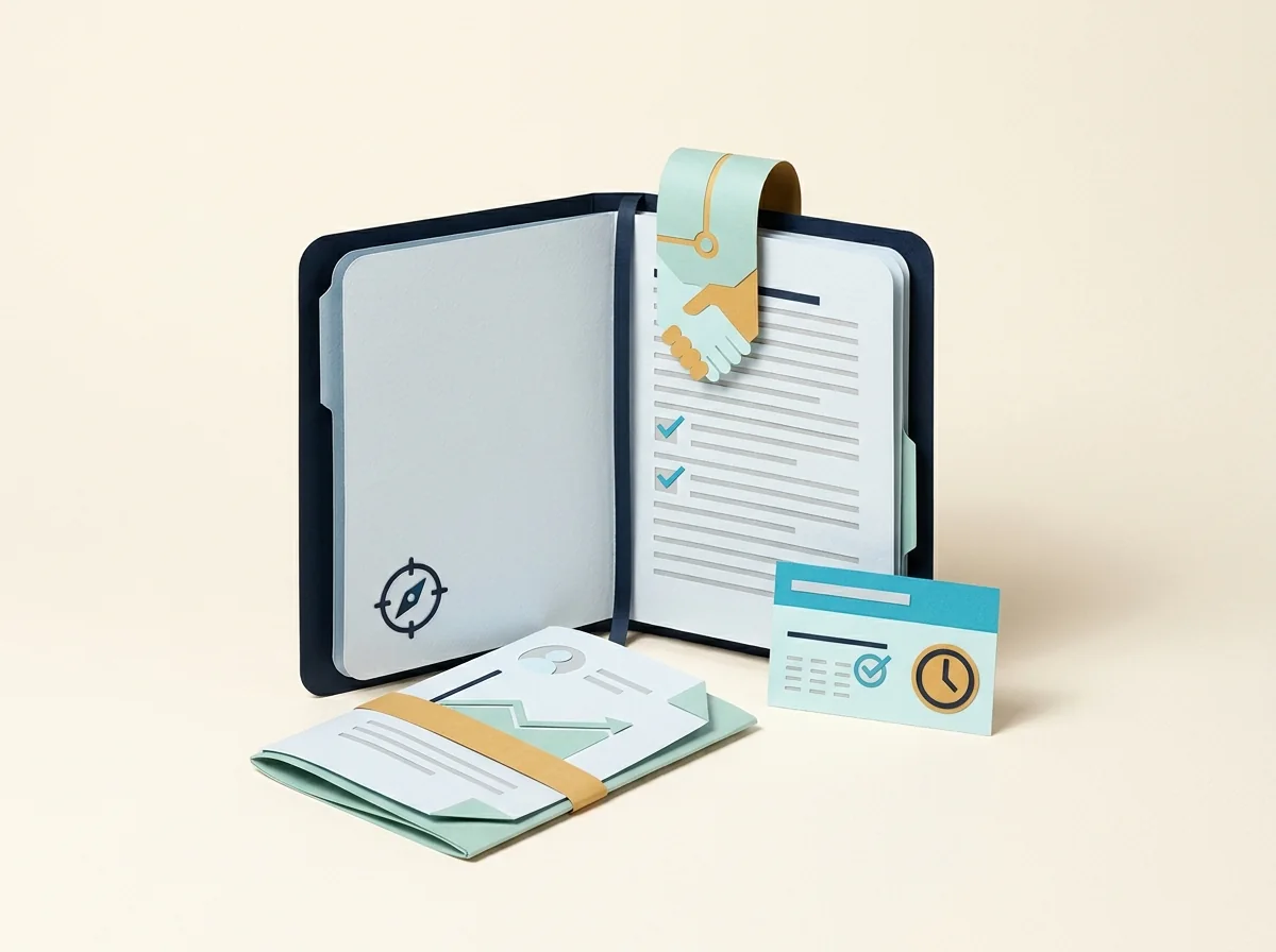 A client notebook with a handshake bookmark sits beside a proposal and consultation appointment card.