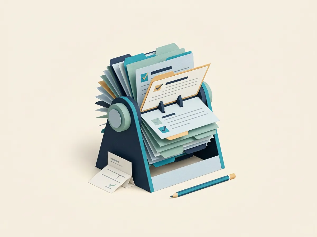 Un fichier rotatif de cartes contient un éventail de cartes clients, avec une carte soulevée vers l'avant à côté d'un bordereau de facture plié et d'un crayon.