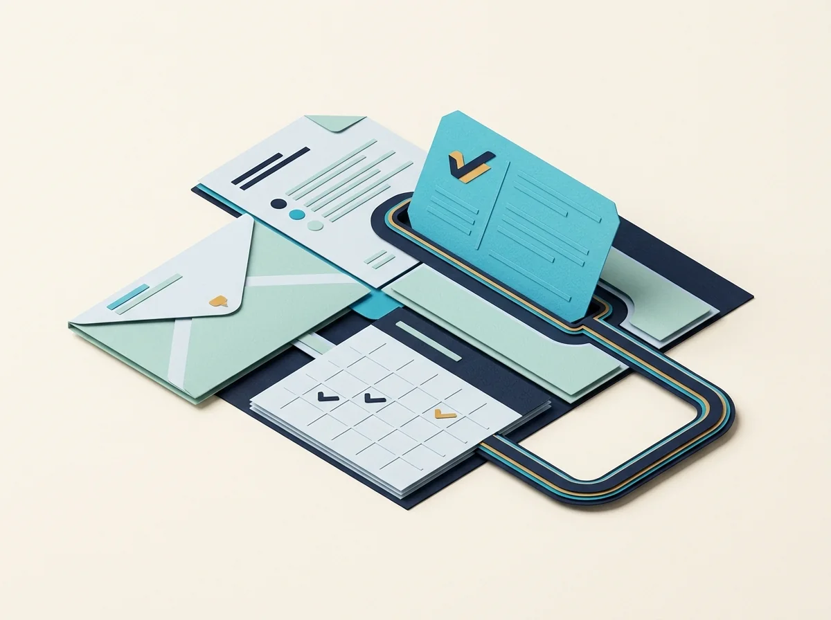 A client card docks into a connected arrangement of an envelope, document, and calendar.