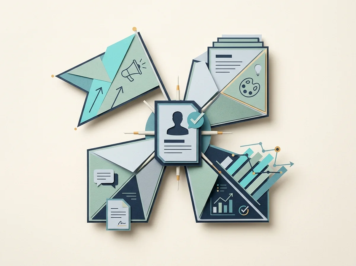 A client profile card connects folded campaign flags, creative documents, messages, and a reporting chart.