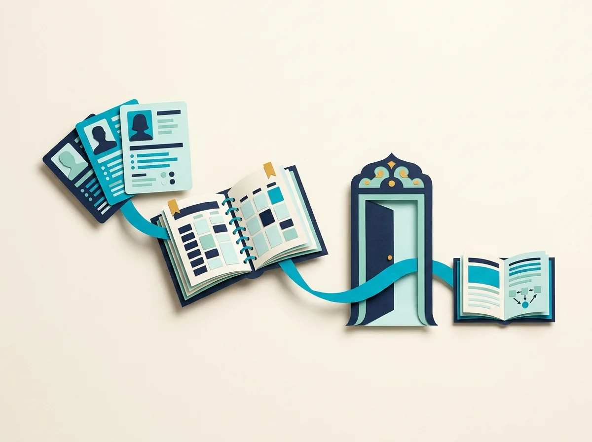 Learner profile cards connect through an appointment planner and open doorway to a lesson book.