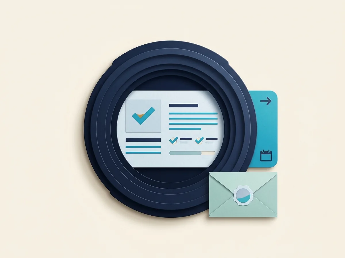 A large camera lens frames a checked client card beside a booking tab and envelope.