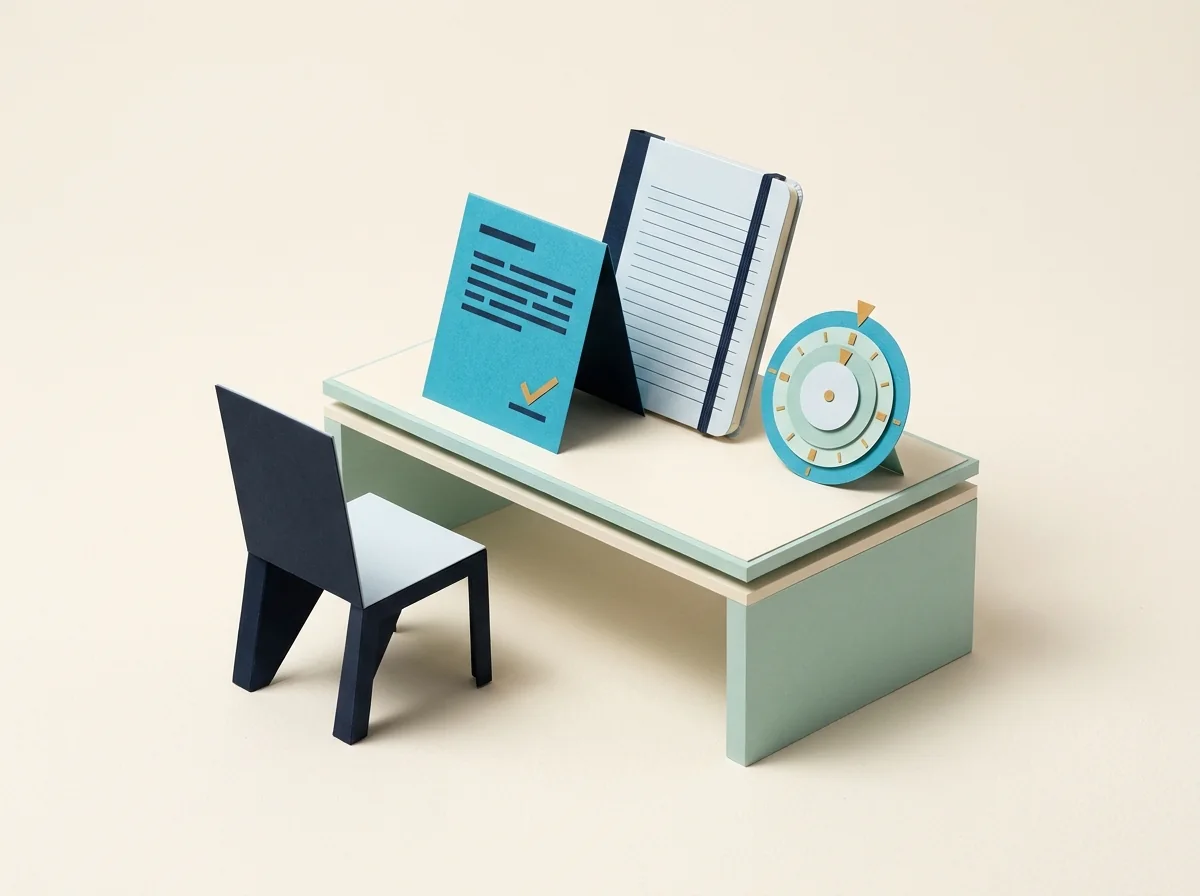 A single-chair desk holds a client card, upright notebook, and small scheduling dial.