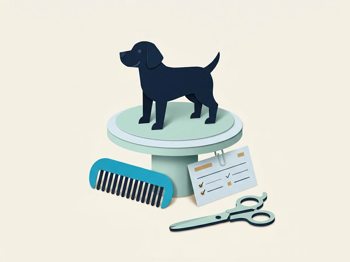 A geometric dog stands on a grooming platform beside a comb, scissors, and appointment card.
