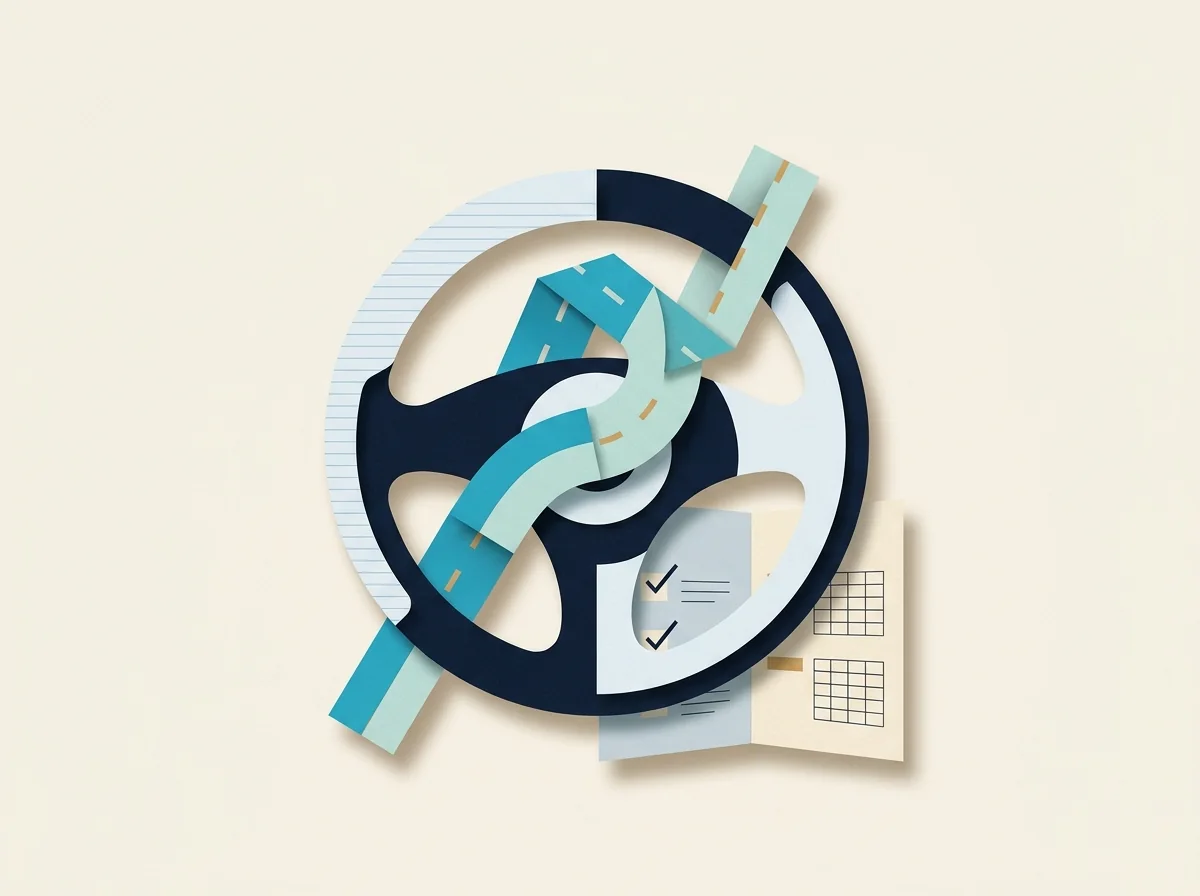 A steering wheel surrounds a winding road ribbon beside lesson checklists and calendar pages.