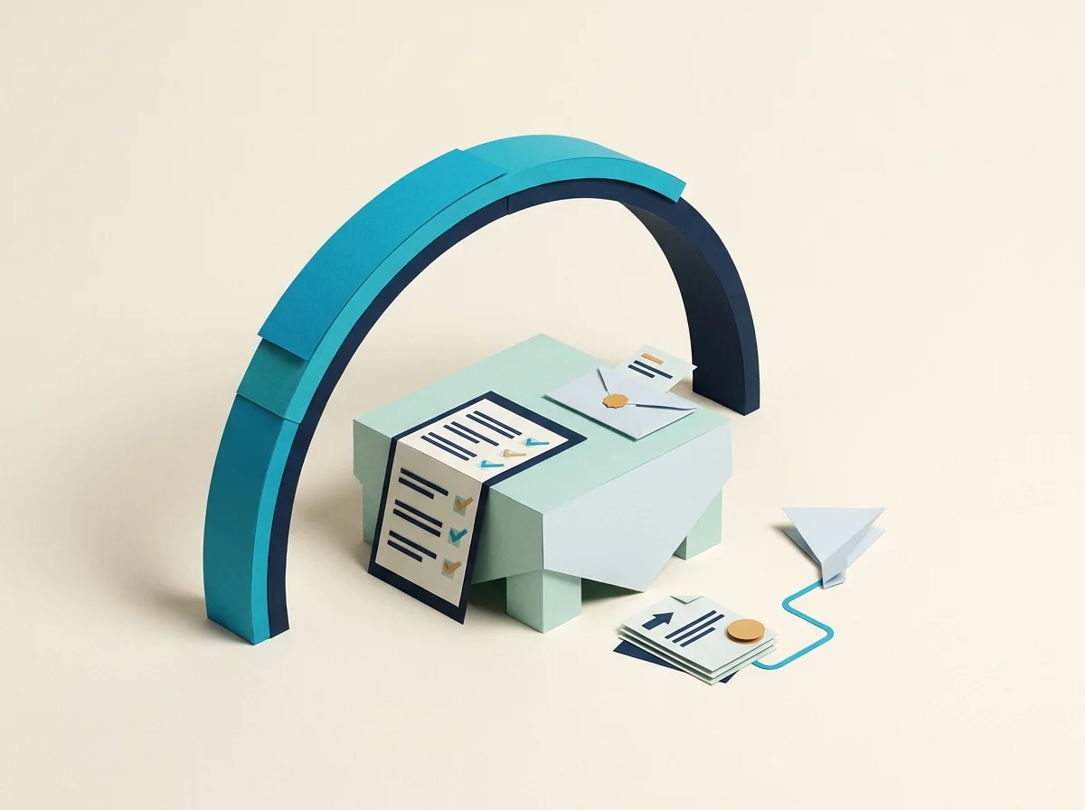 A curved event arch frames a table with planning documents, invitations, and a folded paper accent.