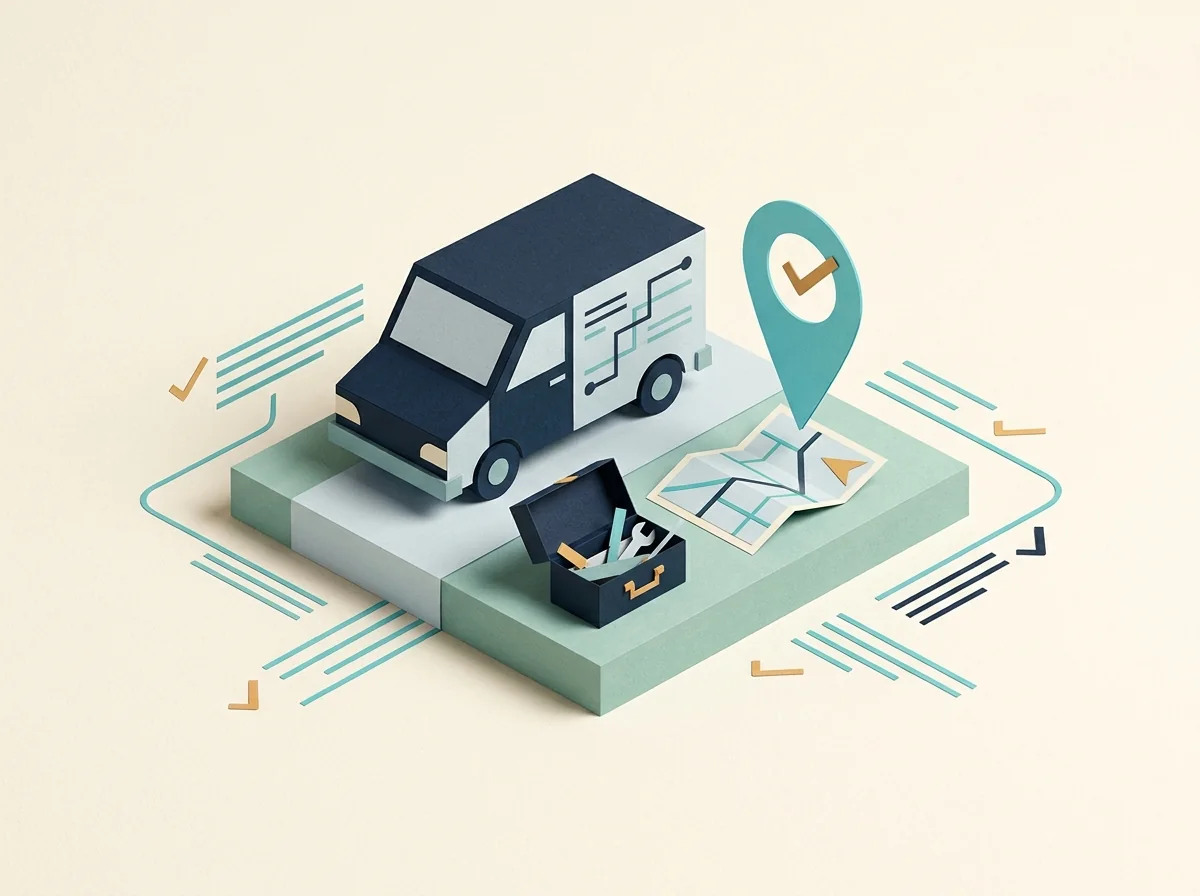 A service van, tool case, and route map share a platform beneath a large location pin.