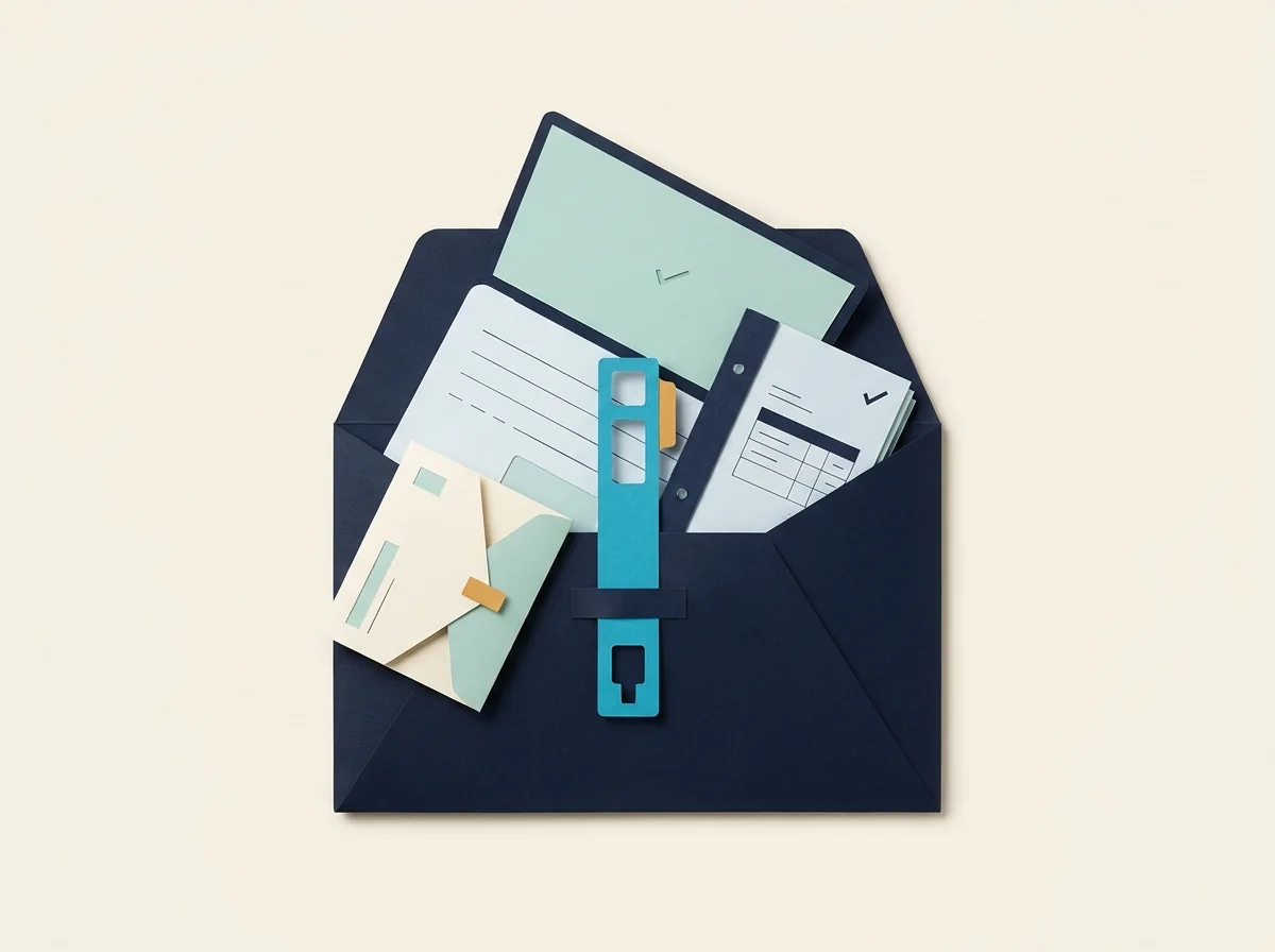 An open navy satchel holds a laptop, proposal documents, an envelope, and an invoice sheet.