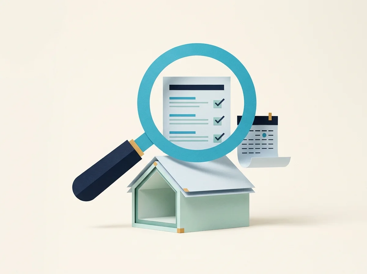 A teal magnifying glass highlights an inspection checklist above a miniature house and appointment calendar.