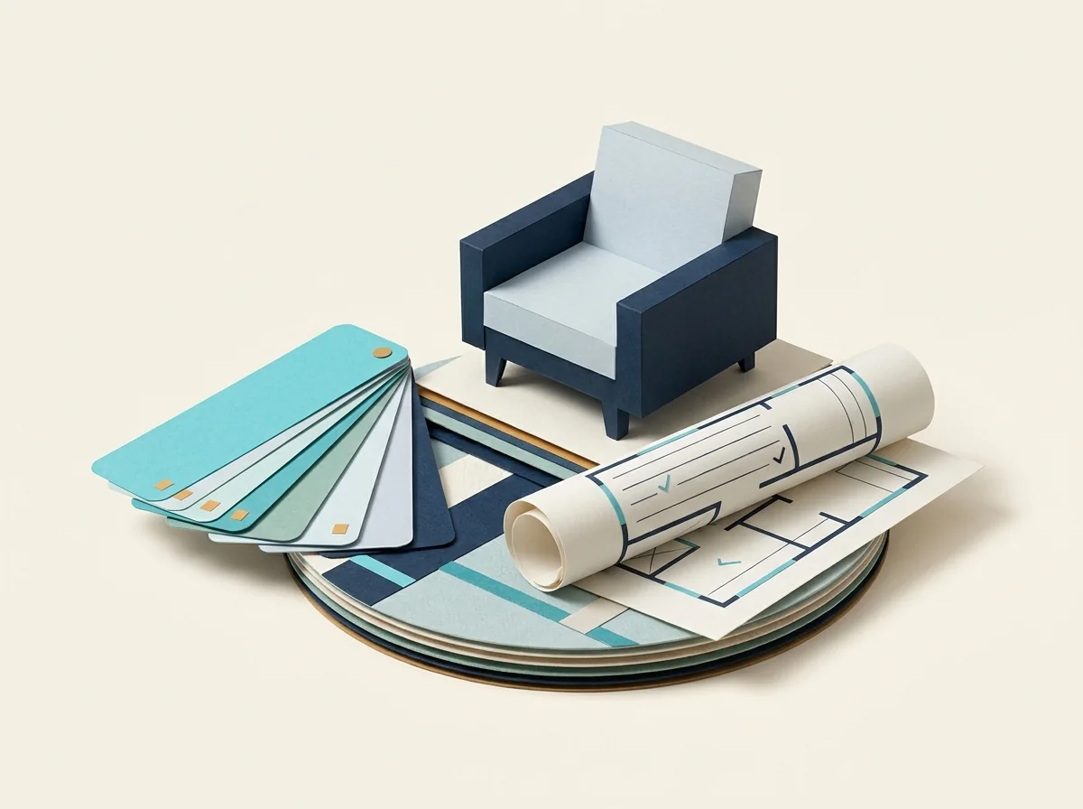An armchair, color-swatch fan, and rolled floor plan sit on a layered interior-design sample board.