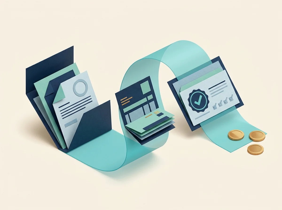 A teal ribbon links an invoice folio, payment card, and checked document beside three coin discs.