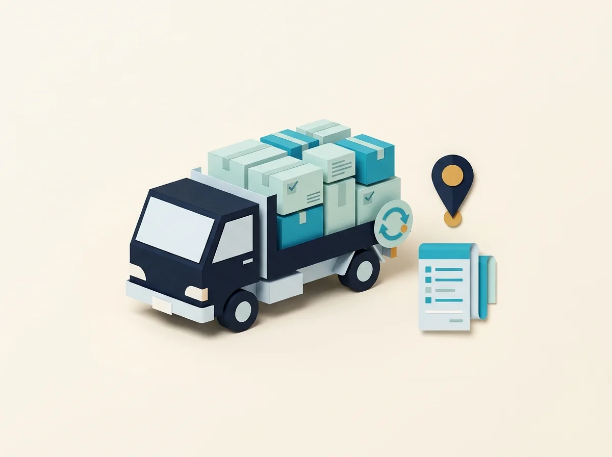 A small collection truck carries stacked boxes beside a route pin, reuse arrow, and job sheet.