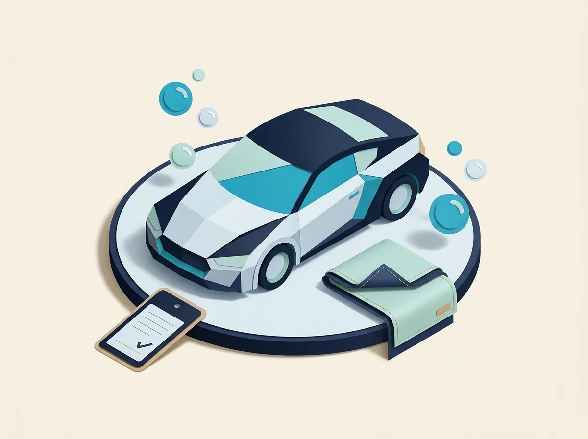 A geometric car sits on a detailing platform beside a folded cloth, bubbles, and a booking card.