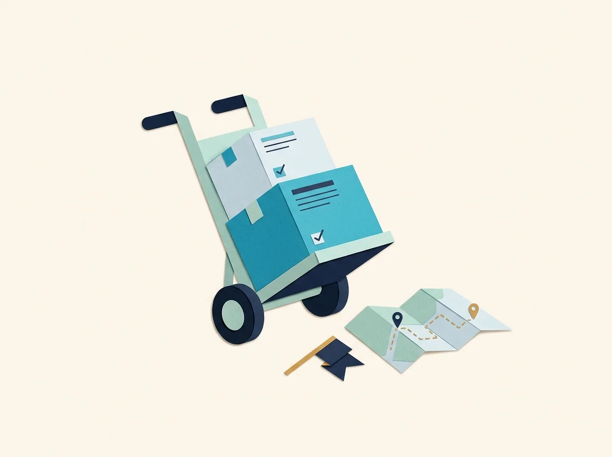 A moving dolly carries stacked cartons beside a folded route map and small appointment flag.