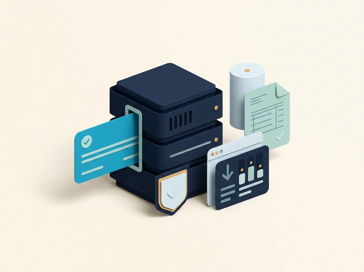 A navy server stack connects to a service ticket beside a status shield and monitoring card.