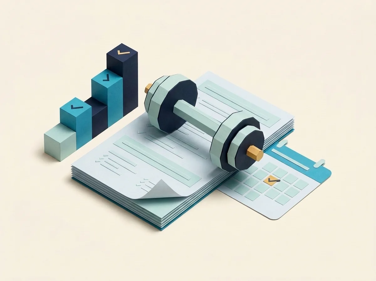 A dumbbell rests on a training plan beside ascending progress blocks and a calendar page.