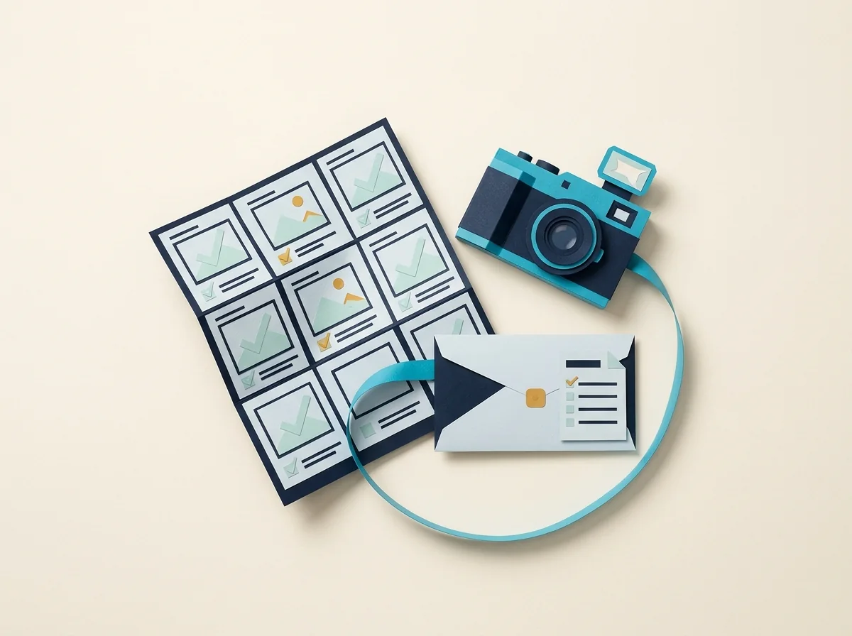 A camera and booking envelope connect around a folded photographic contact sheet with a teal ribbon.