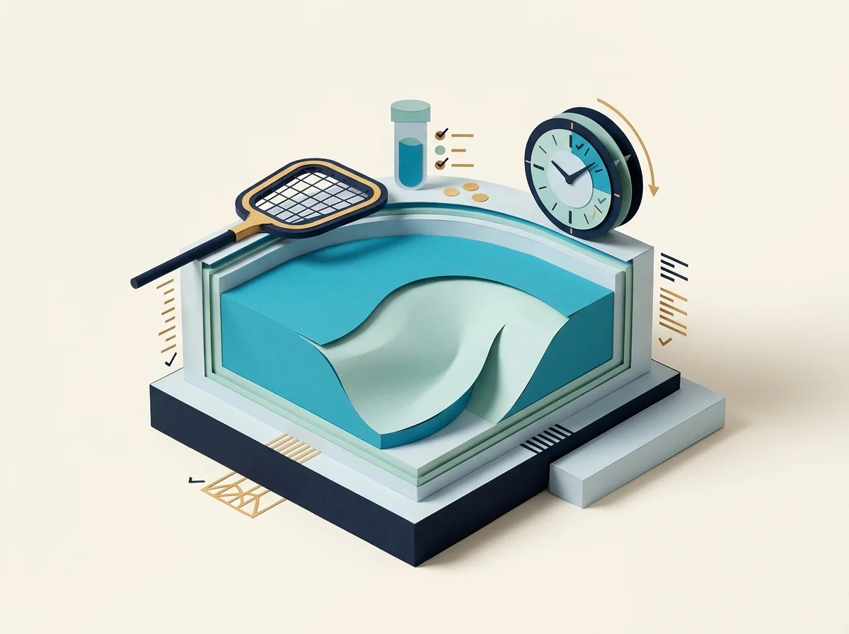 A miniature pool sits beneath a skimmer, water-test vial, and recurring schedule dial.