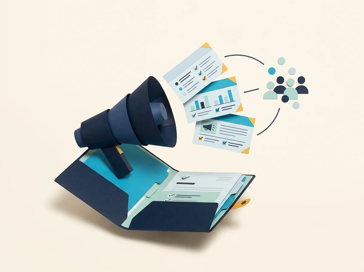 A megaphone sends press cards toward an abstract audience above an open client folder.