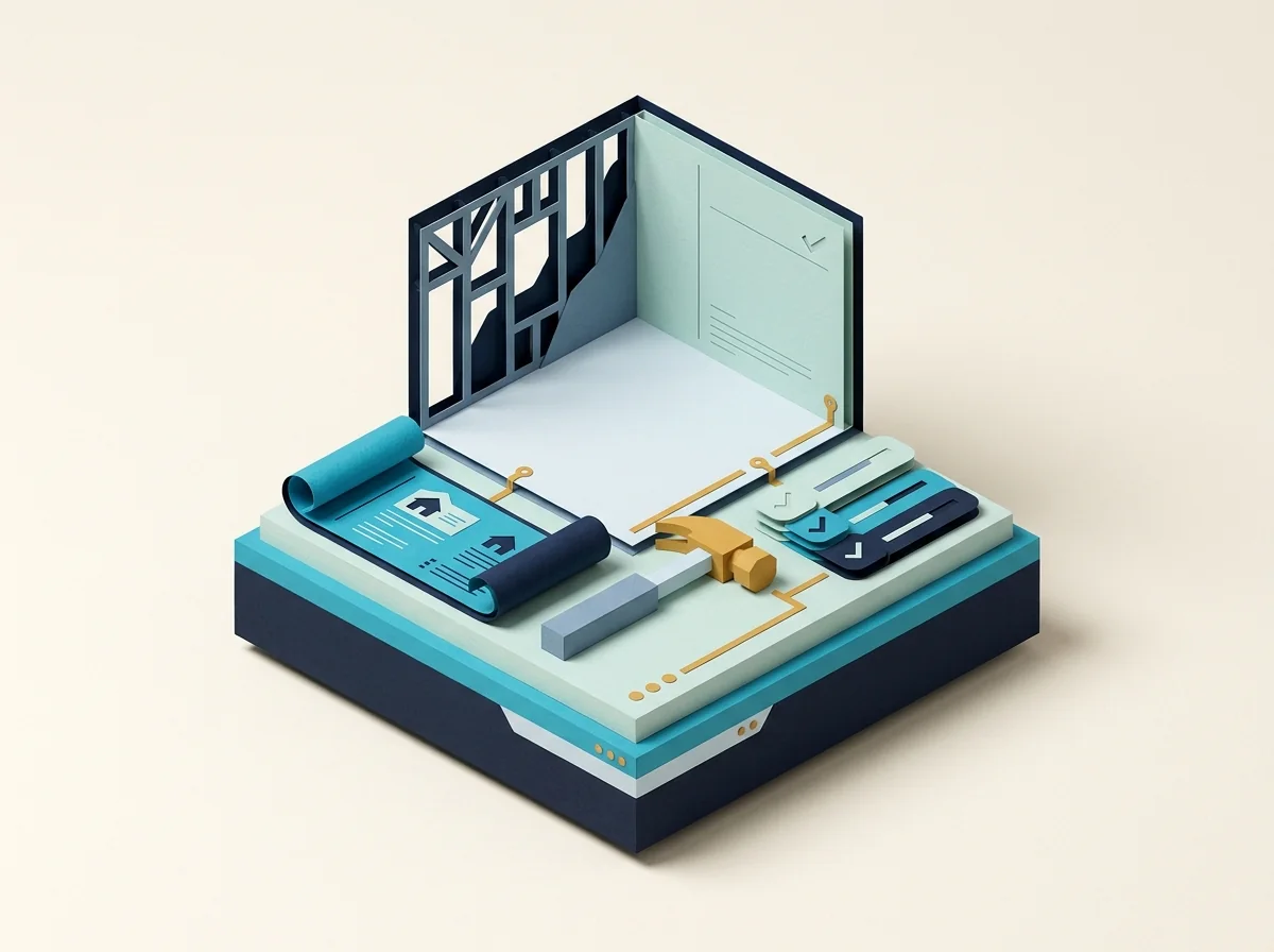 A miniature room under renovation stands beside a rolled blueprint, hammer, and project phase cards.