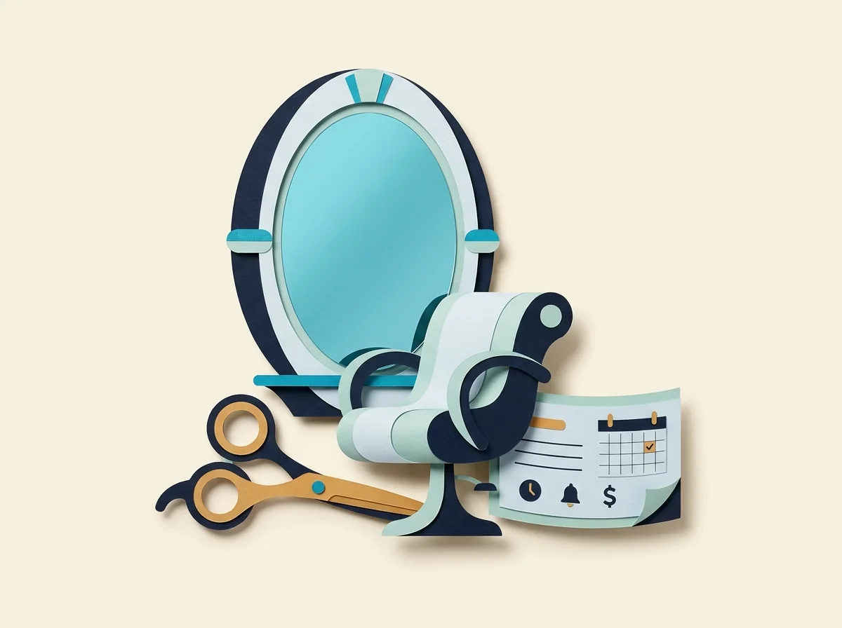 An oval salon mirror frames a styling chair beside scissors and an appointment calendar.