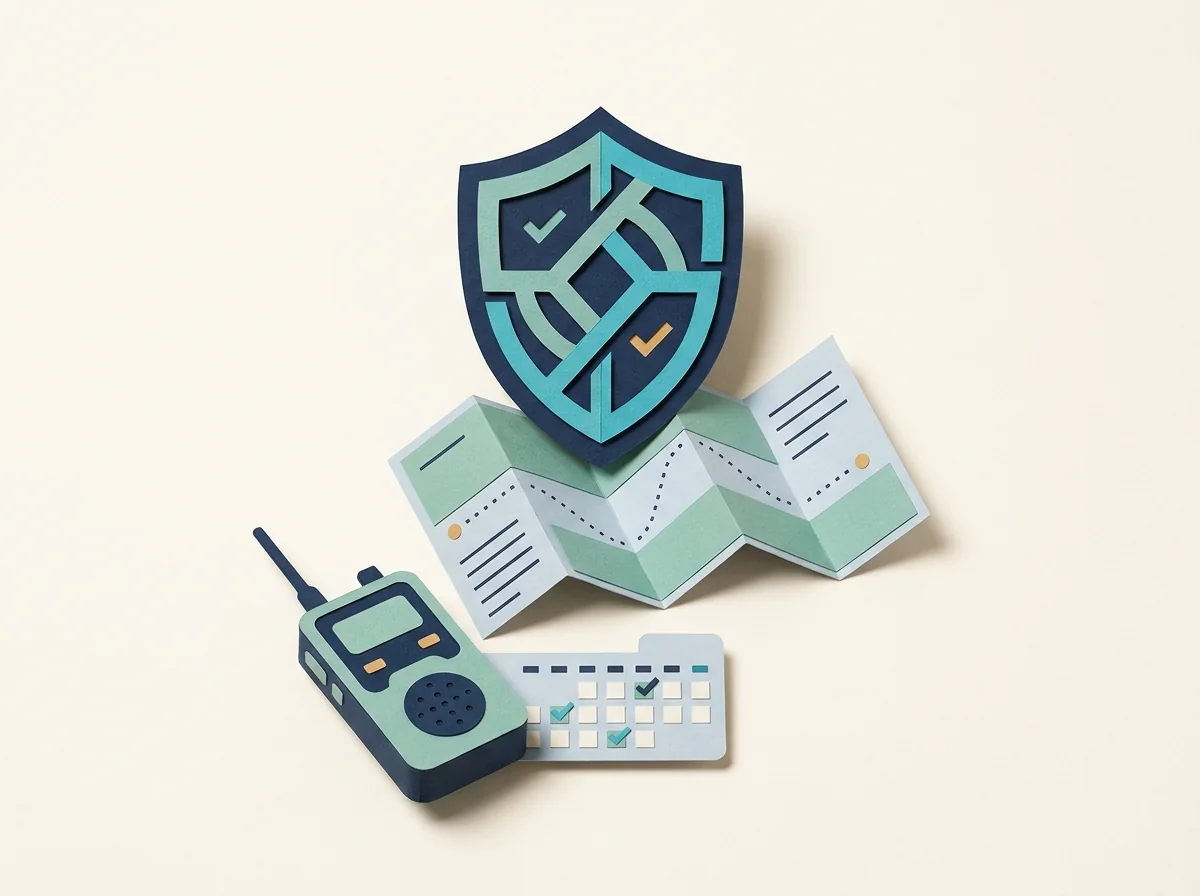 A protective shield stands over a patrol map beside a two-way radio and shift calendar.
