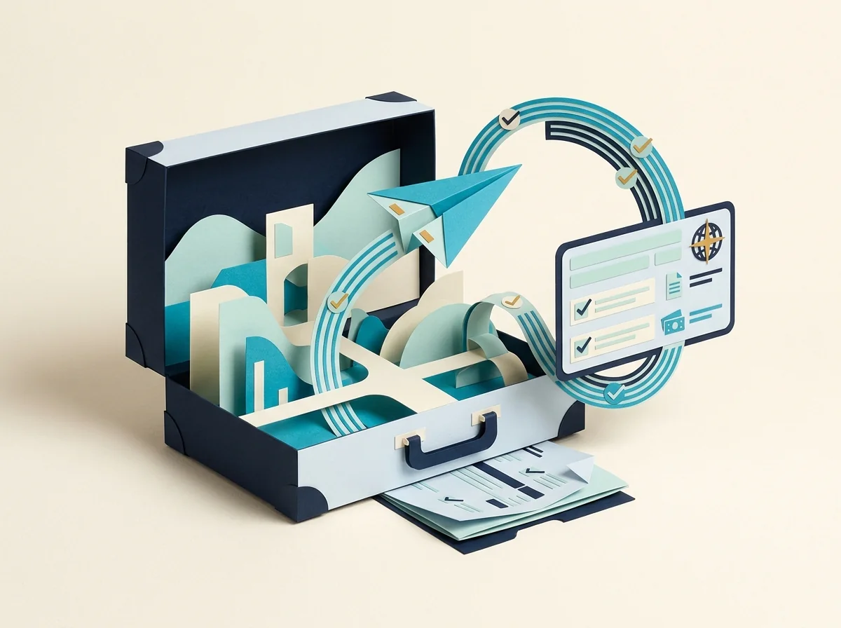 An open travel suitcase contains a miniature itinerary landscape with a paper airplane and booking card.