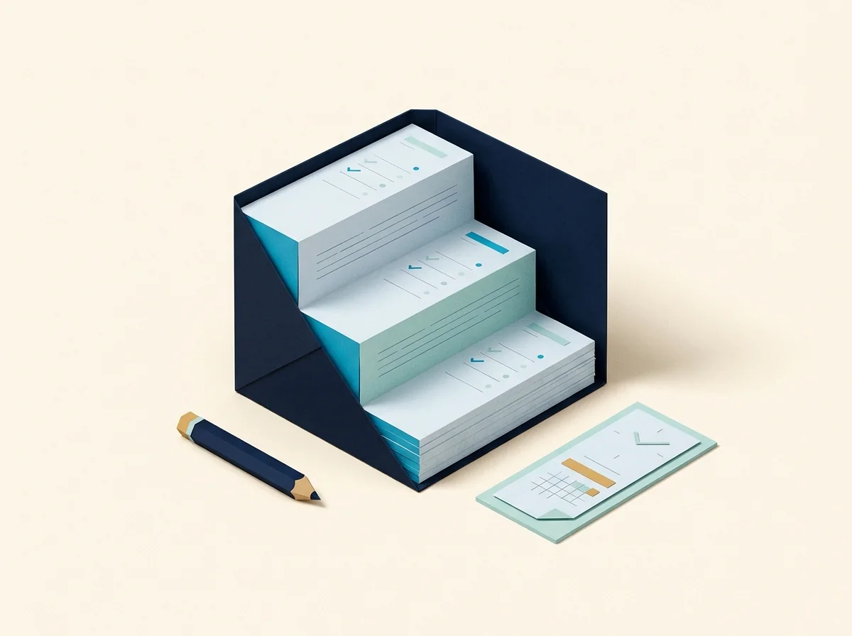 An open lesson book forms ascending learning steps beside a pencil and appointment card.
