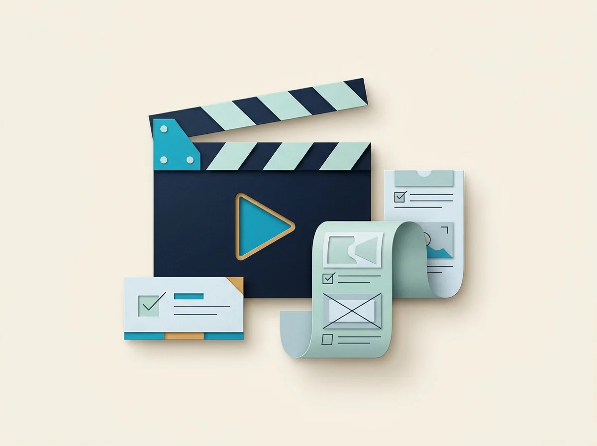 A clapperboard with a play symbol stands beside a curled storyboard strip and project milestone card.