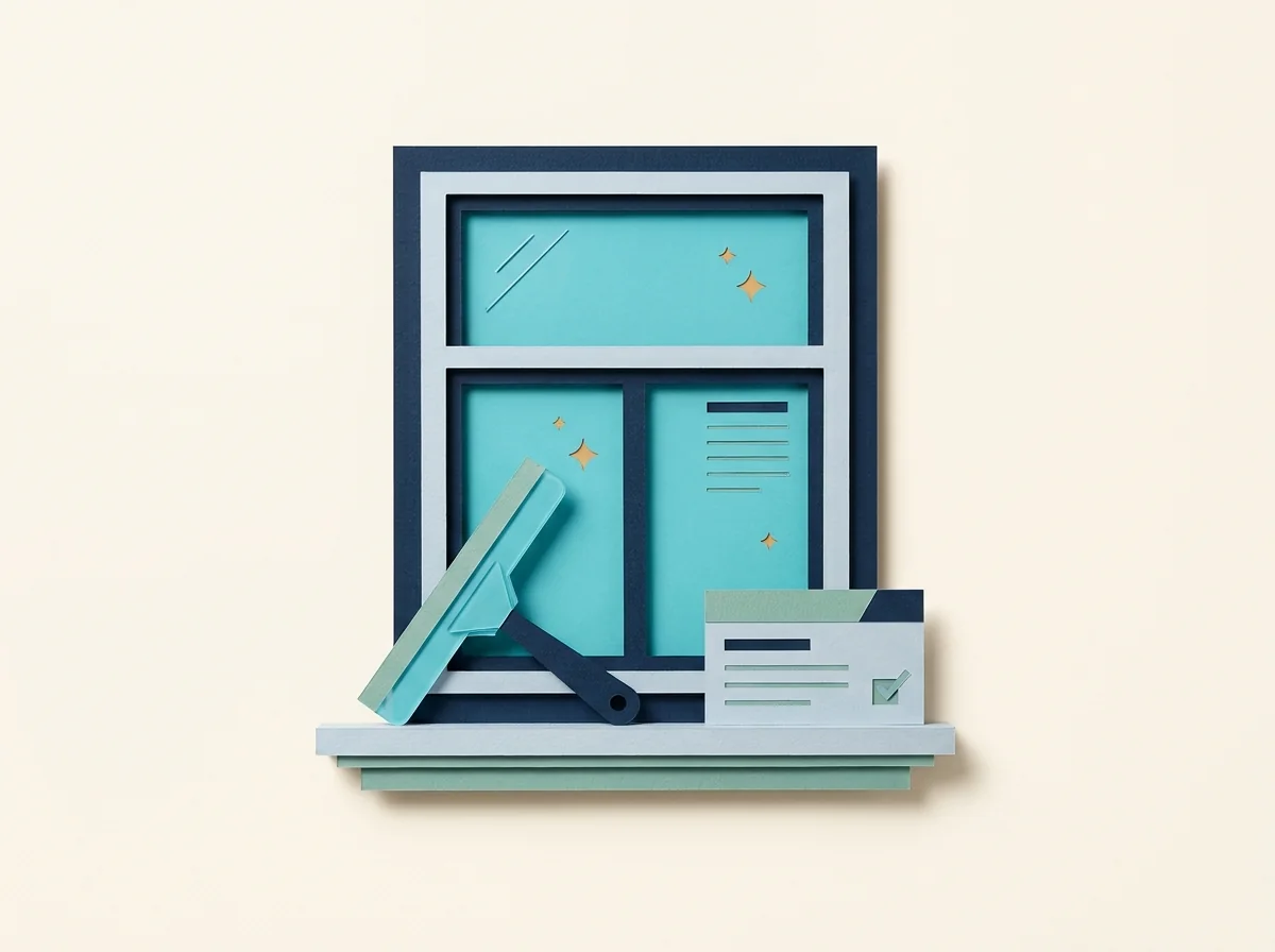 A teal squeegee rests against a clean window frame beside a checked appointment card.