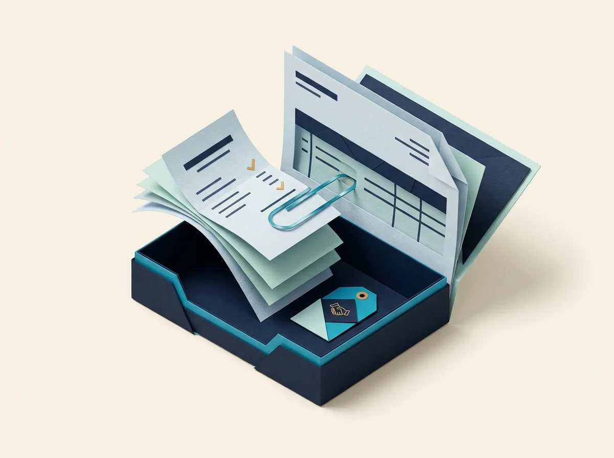 Receipts held by a teal paperclip enter an expense tray beside an open invoice folio.