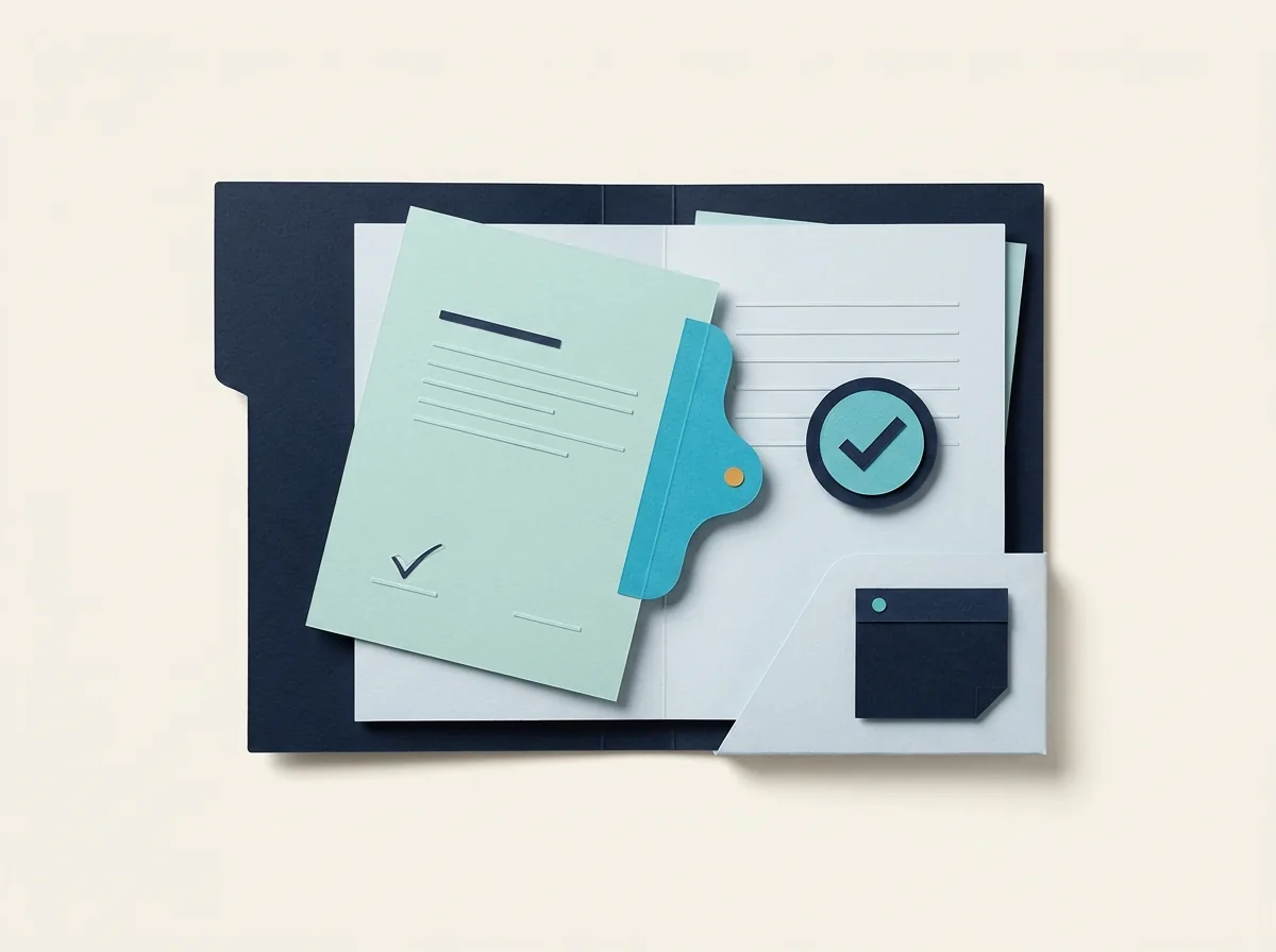 An approved client change request is attached to the original scope folder with a teal tab, a check-mark seal, and a small schedule card.