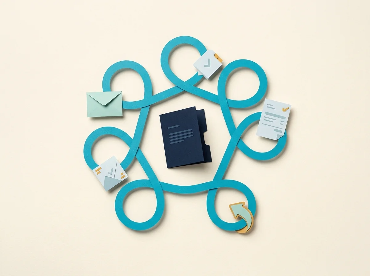 A looping teal ribbon connects a navy client folder with message envelopes, task cards, and a billing sheet.