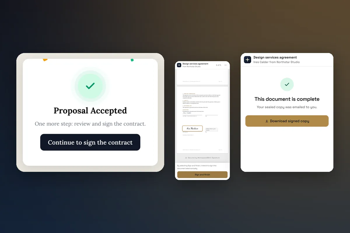 The Proposal Accepted screen, the contract signer page with a signed field, and the completed document ready to download.