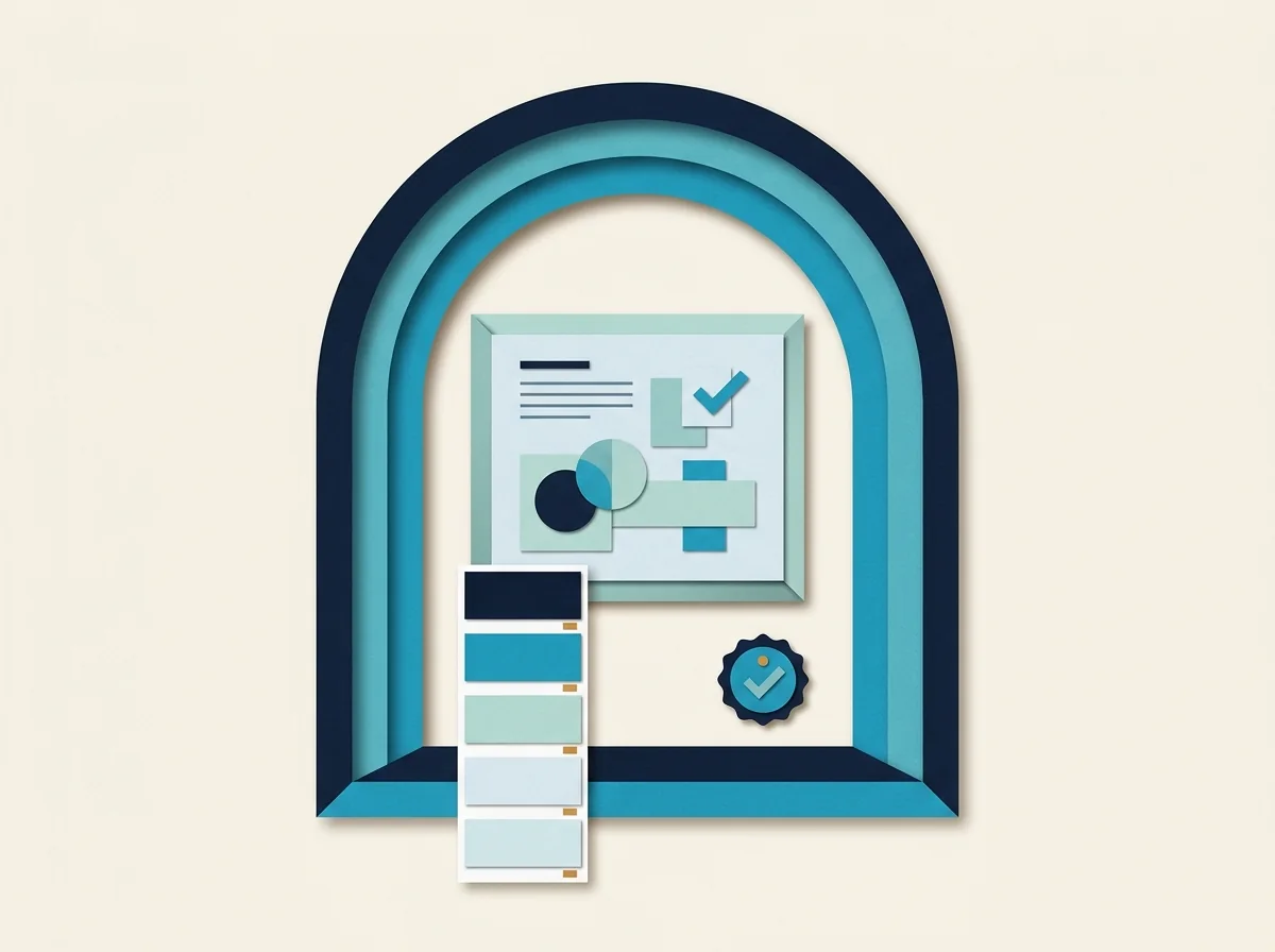 A gallery-like portal frames a creative concept board with a color-swatch strip and approval seal.