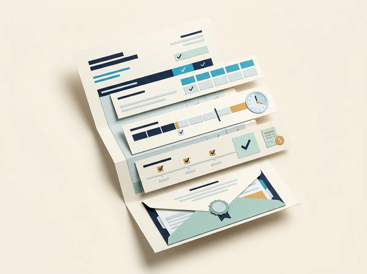 A consultant invoice folio presents checked billing rows with a clock disc and folded engagement brief.