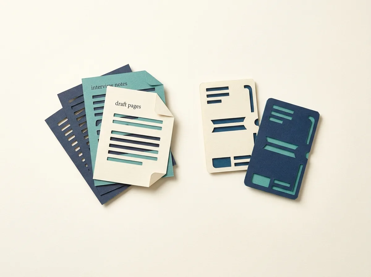 Draft pages and interview notes beside cards representing two audiences.