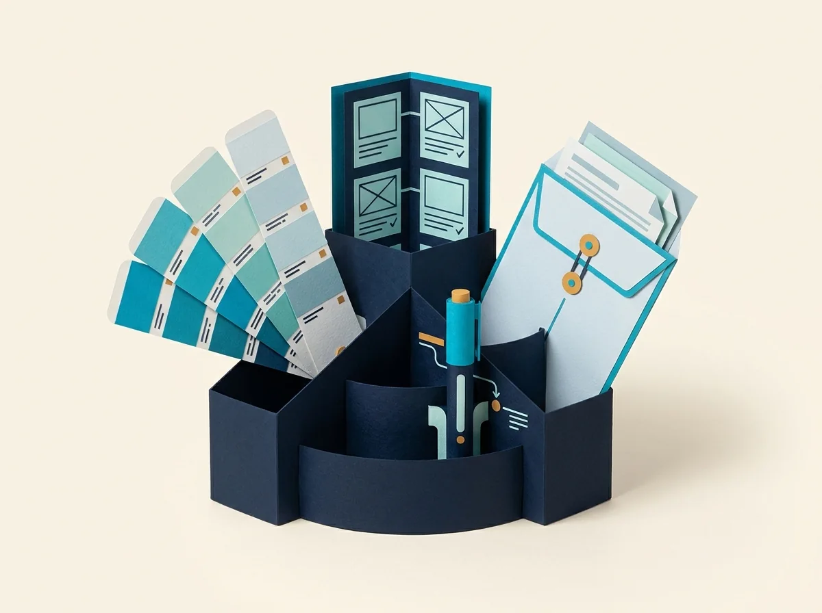 A navy studio organizer holds color swatches, storyboard panels, creative tools, and a client envelope.