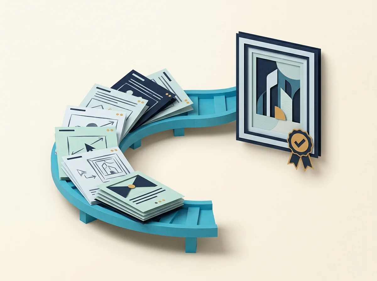 Storyboard cards travel along a curved production track toward a framed design and approval seal.