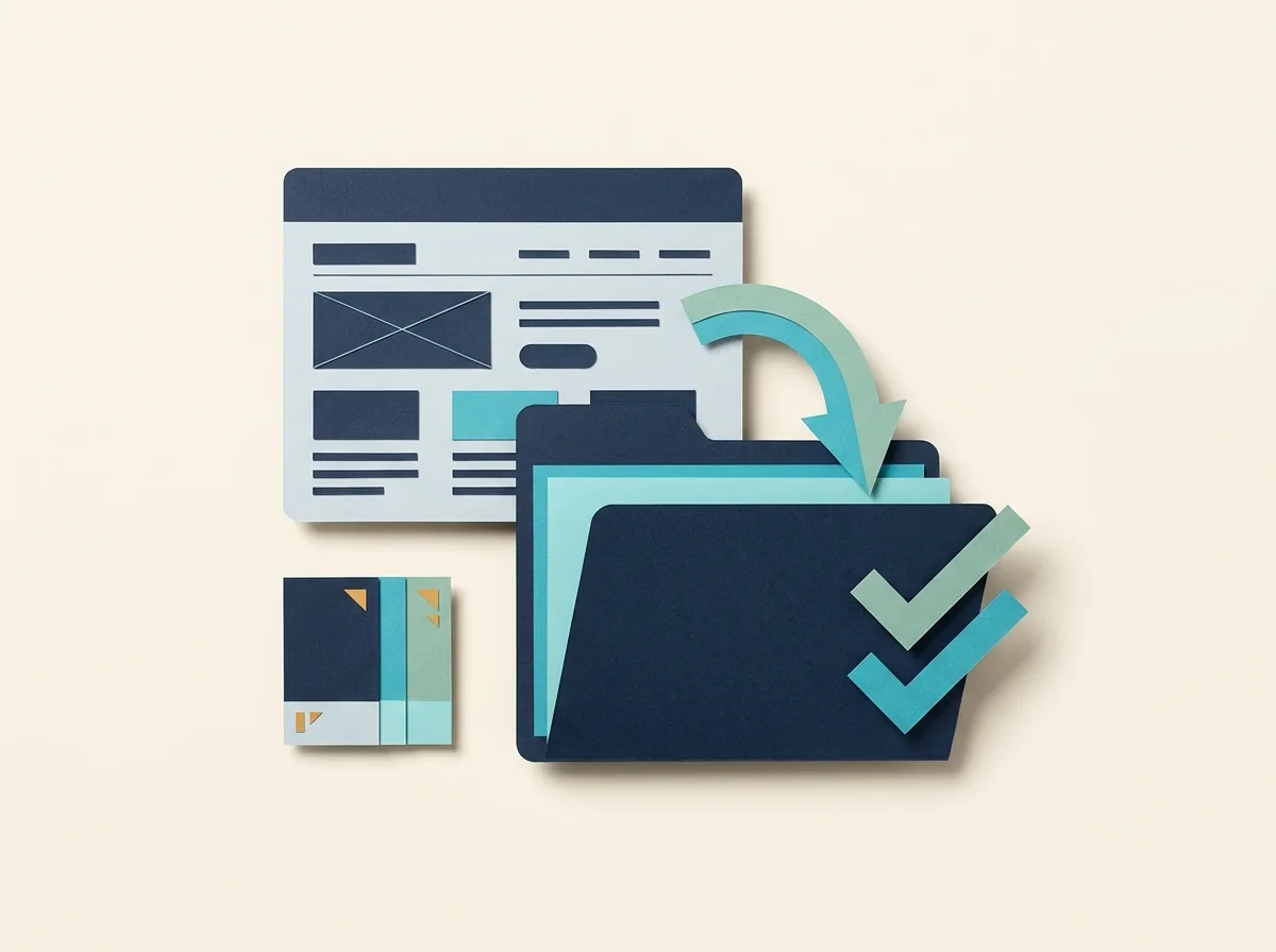 An abstract website wireframe connects to a checked client folder beside a small color-swatch card.