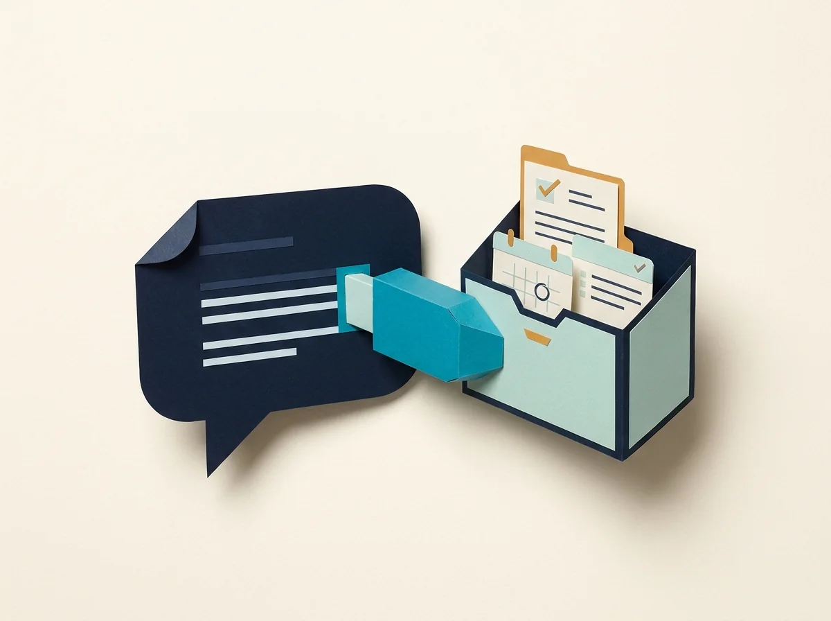 An AI conversation connects through an MCP plug to client records, a calendar, and tasks in a shared CRM.