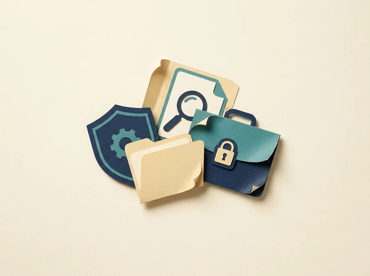 A shield and scope folder beside a separate locked evidence case.