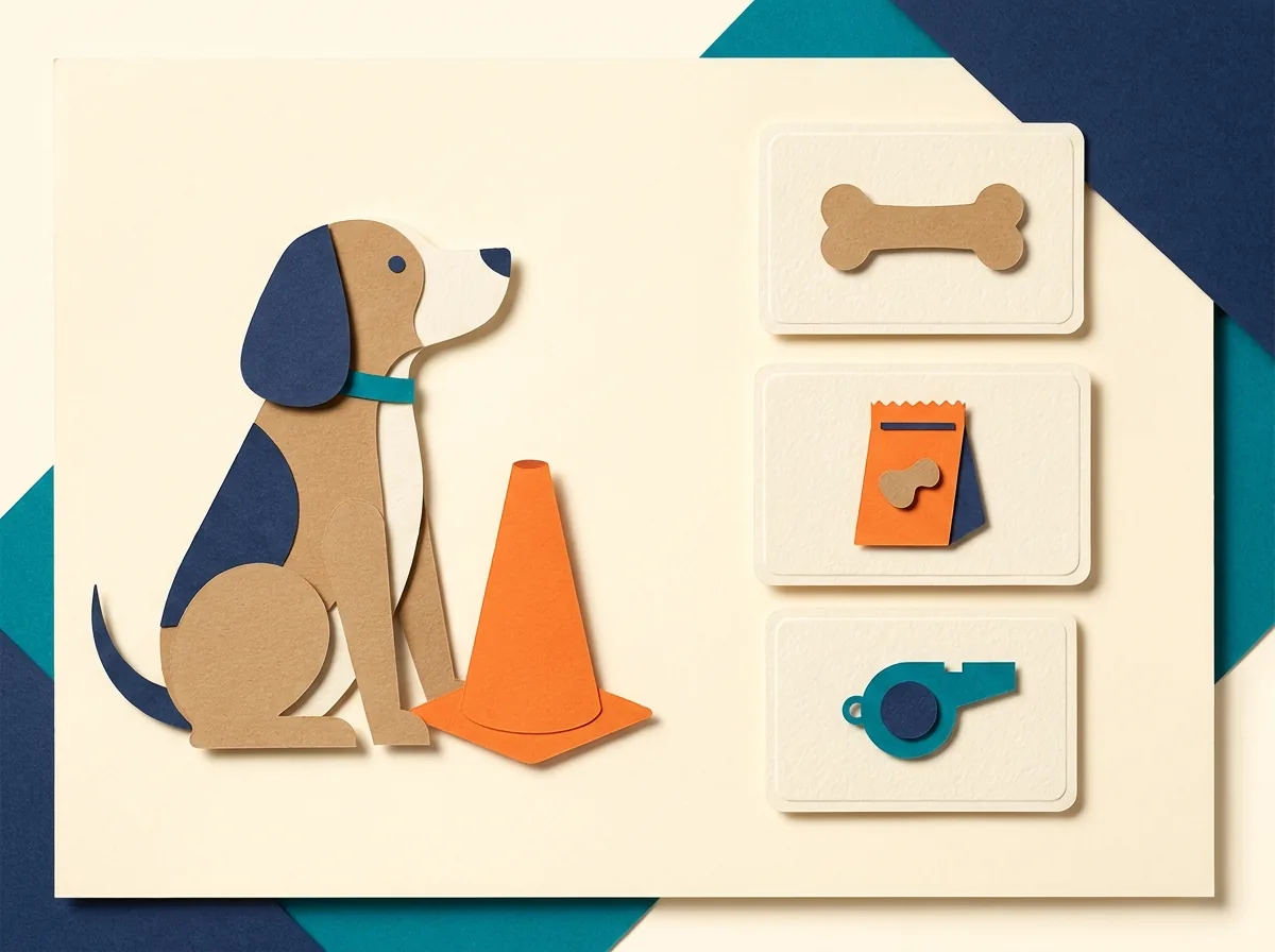 A dog beside a training cone, reward, notebook and whistle symbols.