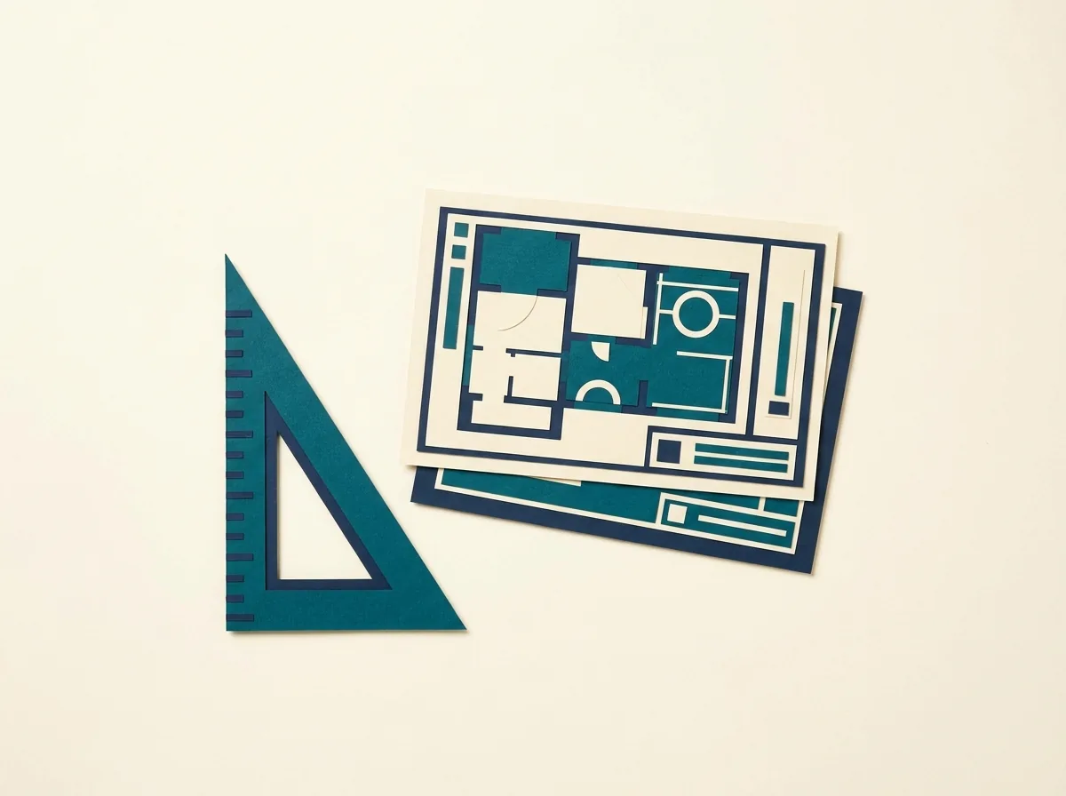 A drafting triangle beside stacked architectural drawings.