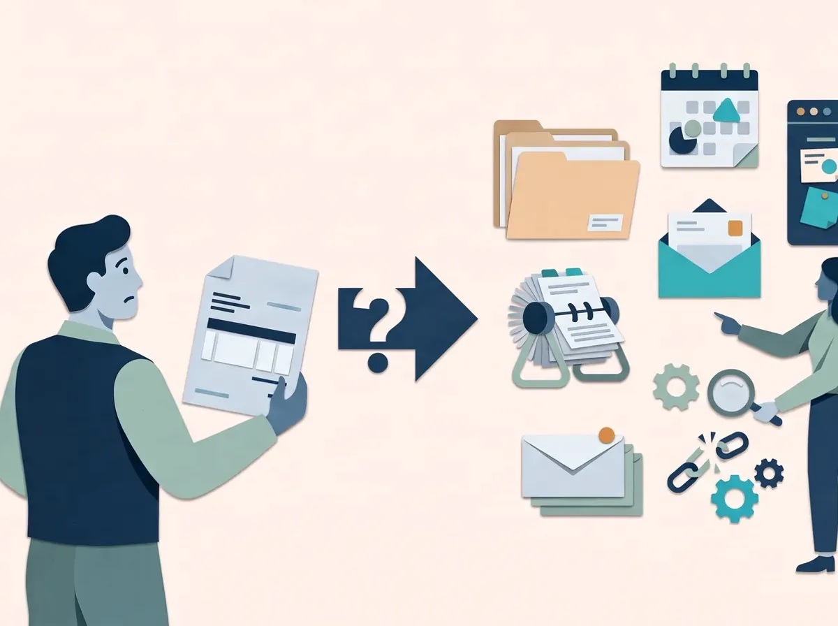 A colleague carries a client document toward a set of project tools, folders and a calendar.