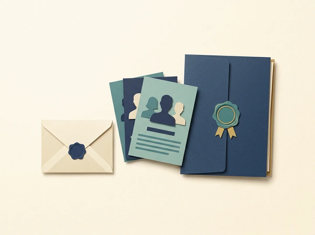 An envelope, an audience profile card and a sealed navy client folder.