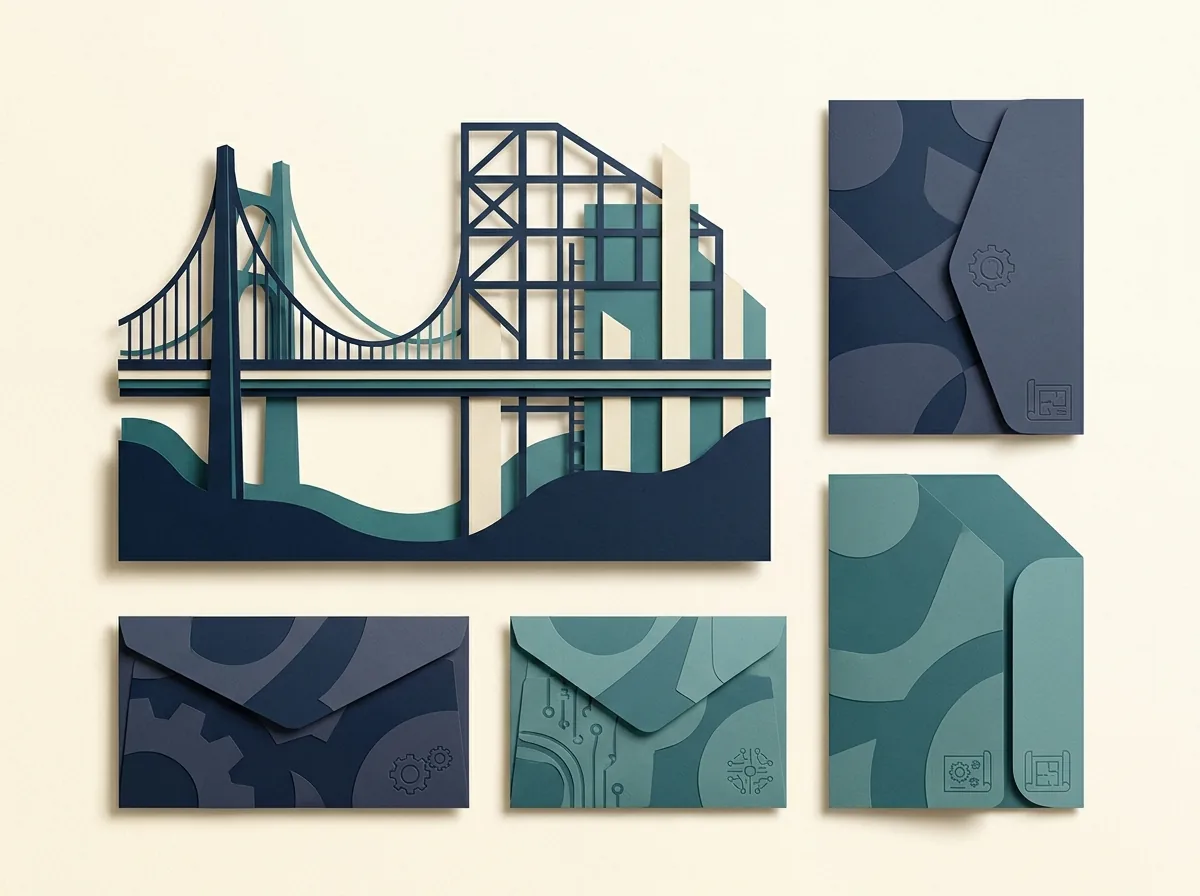 A bridge and structural frame beside technical pattern panels.